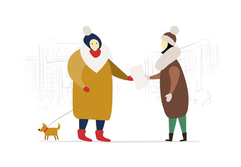 Fototapeta premium Elderly woman walking with dog. Social survey of retirees. Woman hands paper to senior citizen. Cityscape background sketch