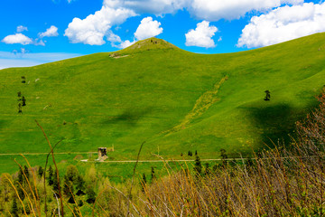 Beautiful mountain panorama with lush greens, blue skies, and puffy clouds