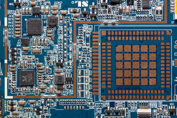 circuit board, microchip, closeup, blue color. Technological illustration
