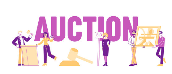 Auction Concept. People Buying Assets. Male Female Characters Holding and Rising Bid Boards around Huge Gavel , Auctioneer Stand with Hammer at Tribune Poster Banner Flyer. Linear Vector Illustration