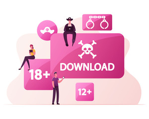 Illegal Pirate Content Free Download Concept. Characters at Huge Pc Buttons with Jolly Roger Transfer and Sharing Files Using Torrent Servers Services, Online Media. Cartoon People Vector Illustration