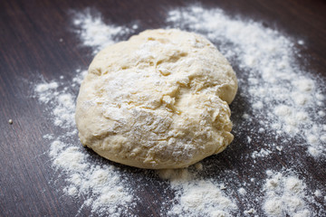 Raised piece of dough for making pizza close view