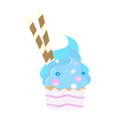 Cupcake with cream and colorful sprinkles and tubes. Vector illustration in flat style.