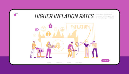 Inflation, Unstable Nominal Worth Landing Page Template. Tiny Characters Money Value Recession, Price Increase Process. Finance Market Risk Crisis in Percentage Rate. Linear People Vector Illustration