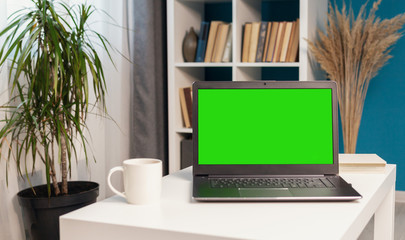 Laptop with green screen on table in flat, bookcase on background