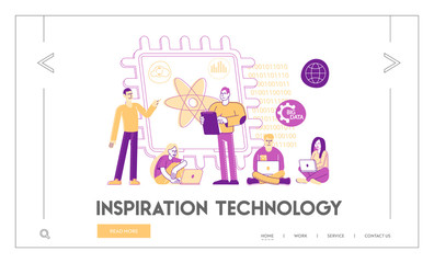 Quantum Computing Landing Page Template. Tiny Characters Engineers and Scientists Working with Quantum Computer Chip. Optical Technology, Photonics Research. Linear People Vector Illustration