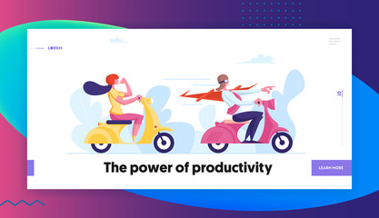 Business People Characters Riding Scooters Landing Page Template. Woman Follow Man in Super Hero Cloak. Leadership, Racing Challenge, Office Workers Motor Bike Competition. Cartoon Vector Illustration