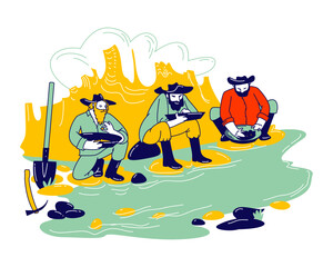 Group of Prospectors Male Characters Wearing Vintage Costumes and Hats Panning Golden Sand and Prills Sitting on River Side with Pickaxe and Spade. Gold Rush Concept. Linear People Vector Illustration