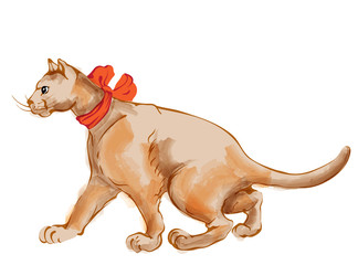 Watercolor ginger cat with red bow tie walking to the side