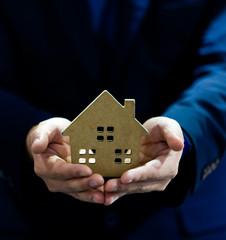 Real estate agent offer house on his hand to client.  All investments are risky. Wood house model...