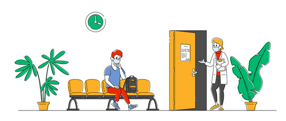 Fototapeta premium Patient Man Character Sitting in Clinic or Hospital Hallway Waiting Doctors Appointment for Health Care Treatment. Practitioner Inviting Next Client for Consultation. Linear People Vector Illustration