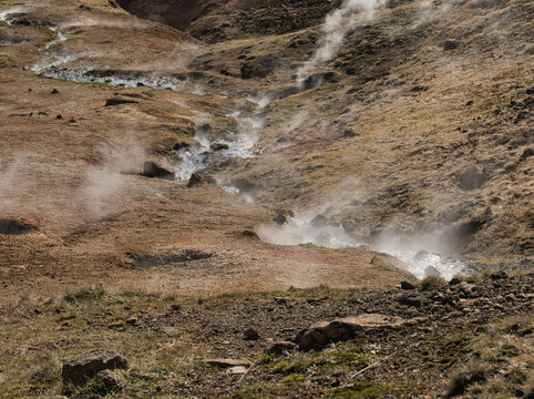 Bergwiese mit zahlreichen Thermalquellen in Island
