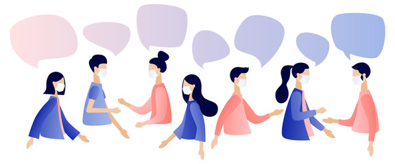 Group of people wearing medical face masks. Prevent disease, flu, virus, COVID-19. Coronavirus quarantine concept. Dialogue speech bubbles. Modern flat cartoon style. Vector illustration