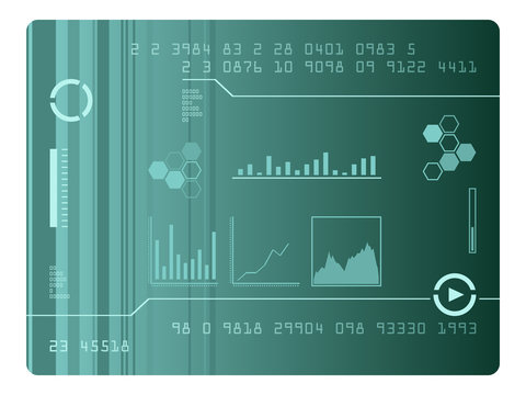 Vector Design Of A Blue Technological Interface Background With Various Graphics And Data. Can Represent Growth, A Medical Chart, Health Diagrams, Computer Code, Technology, Future Tech And Hi-tech Di