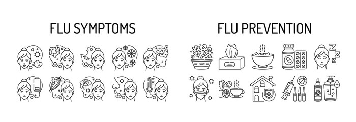 Flu symptoms and prevention black line icons set. Viral diseases, colds. Virus and illness prevention. Pictogram for web page, mobile app, promo. UI UX GUI design element. Editable stroke.