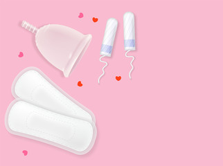 Set of female menstrual cycle hygiene products. Sanitary napkin, tampons, pills, hearts
