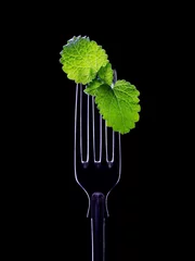 Door stickers Dining Room  Table fork with a sprig of mint on a black background