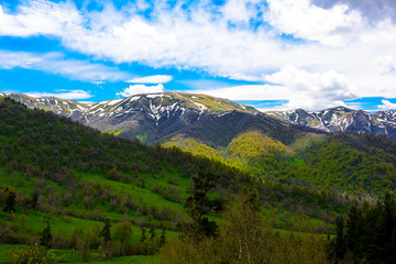Beautiful mountain panorama with lush greens, blue skies, and puffy clouds