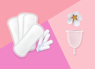 Pink composition with menstrual cycle hygiene products and flower. Sanitary cup, napkin and tampons