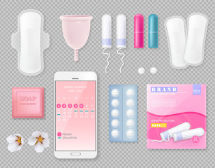 Set of Menstrual cycle products with sanitary napkin, cup, tampons, soap, pills, package with place for brand and flowers