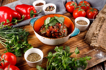 Dolma stuffed with grape leaves with rice and meat. The view from the top.