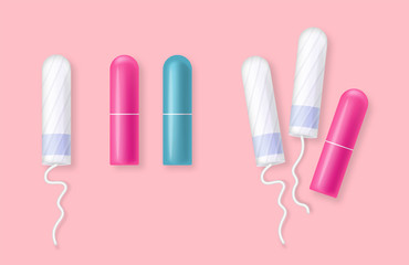 Set of pink and turquoise color tampons on rose background
