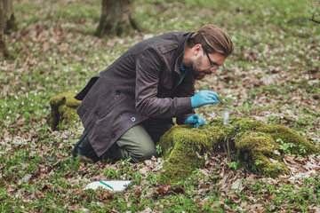 Attentive botanist in latex gloves collecting moss samples with tweezers and putting it in test-tube