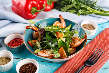 Shrimp salad with fresh herbs, tomatoes, avacado