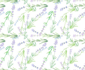 Lavender flowers seamless pattern on white isolated background. Can be used for fabric, wallpaper, wedding and other invitations and covers. Hand painted. Digital watercolor illustration..