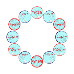 Pandemic coronavirus epidemic COVID-19. Medical pattern isolated set of round symbol icon logos with virus molecules on the surface, antiviral pills and the inscription text in English