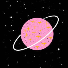 Ilustracion de un planeta rosa dibujado en el espacio con fondo negro galáctico © minerva