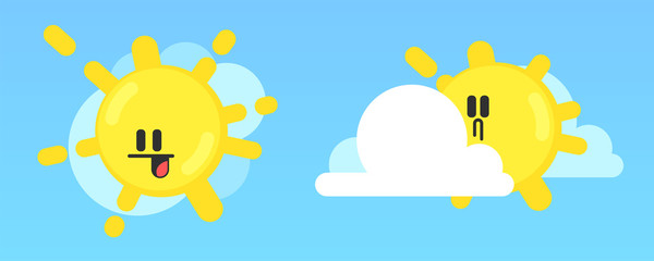 White cloud and yellow sun with smiling face. Fluffy clouds.
