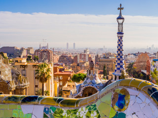 Stunning view of colorful Park Güell architectures designed by Antoni Gaudì, Barcelona, Spain
