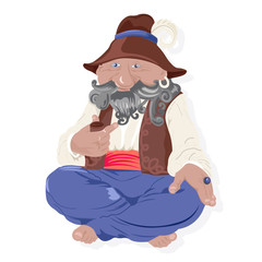 Traditional old man character with hat and gray beard smoking a pipe