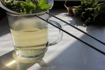 Nettle detox tea made from fresh herbs and roots in the glass cup on the white background. Natural way to boost the immune system and fight flu. Harsh light. Copy space. 

