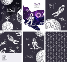 Set of space banners. Outline astronaut, planets, satellites, flying saucers.