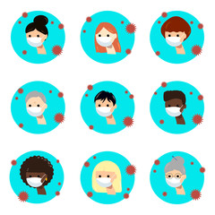 Men and women in white medical face mask icons set isolated on white background. Different characters in prevention masks. 2019-nCoV quarantine. Pandemic of coronavirus. Vector flat illustration.