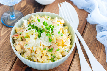 Peking salad with chicken and mayonnaise, selective focus
