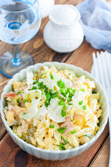 Peking salad with chicken and mayonnaise, selective focus
