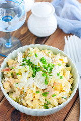 Peking salad with chicken and mayonnaise, selective focus