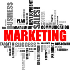 Word cloud Marketing (red and grey letters) on white background