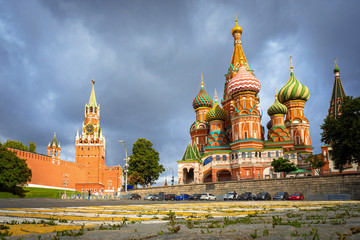 Moscow. Russia. St. Basil's Cathedral. Red square. Kremlin. St. Basil's Cathedral on a summer day. Spasskaya Tower. Tourism in Moscow. Russia europe. Russia vintage. Panorama of Moscow.