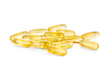 Omega-3 fish oil capsule arranged in fish shape.  It contains omega-3 polyunsaturated acid EPA and DHA enhances heart and health.