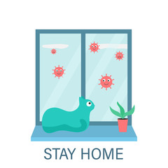 Cat is sitting on the windowsill. Covid-19, Coronavirus. Stay at home. Vector illustration.