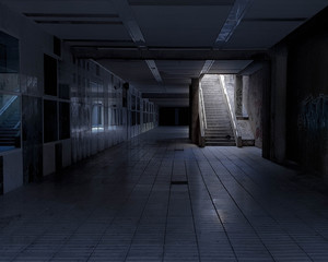 Corredor oscuro con escaleras luminosas