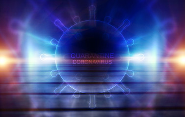Abstract coronavirus background. Neon pathogen on a dark background. Covid-19.