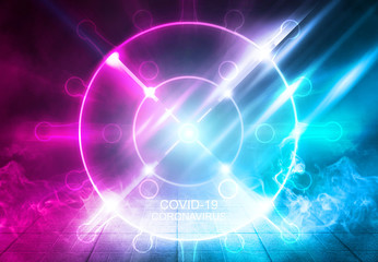 Abstract coronavirus background. Neon pathogen on a dark background. Covid-19.