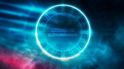 Abstract coronavirus background. Neon pathogen on a dark background. Covid-19.