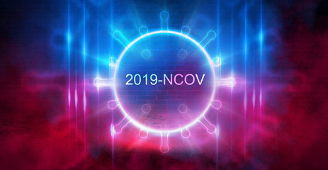 Abstract coronavirus background. Neon pathogen on a dark background. Covid-19.