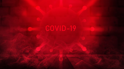 Dark red abstract coronavirus background. Neon pathogen on a brick wall. Covid-19. Stop coronavirus.